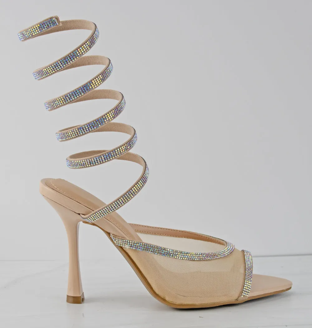 Trace 10 Women's Mesh Spiral Strappy Low Stiletto Heels
