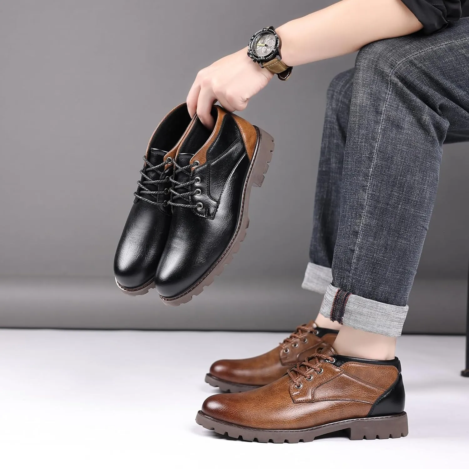 UOQAPRE Work Boots for Men Wedge Work Leather Boots With Side Zipper Men's Motorcycle Boots Adjustable Width System