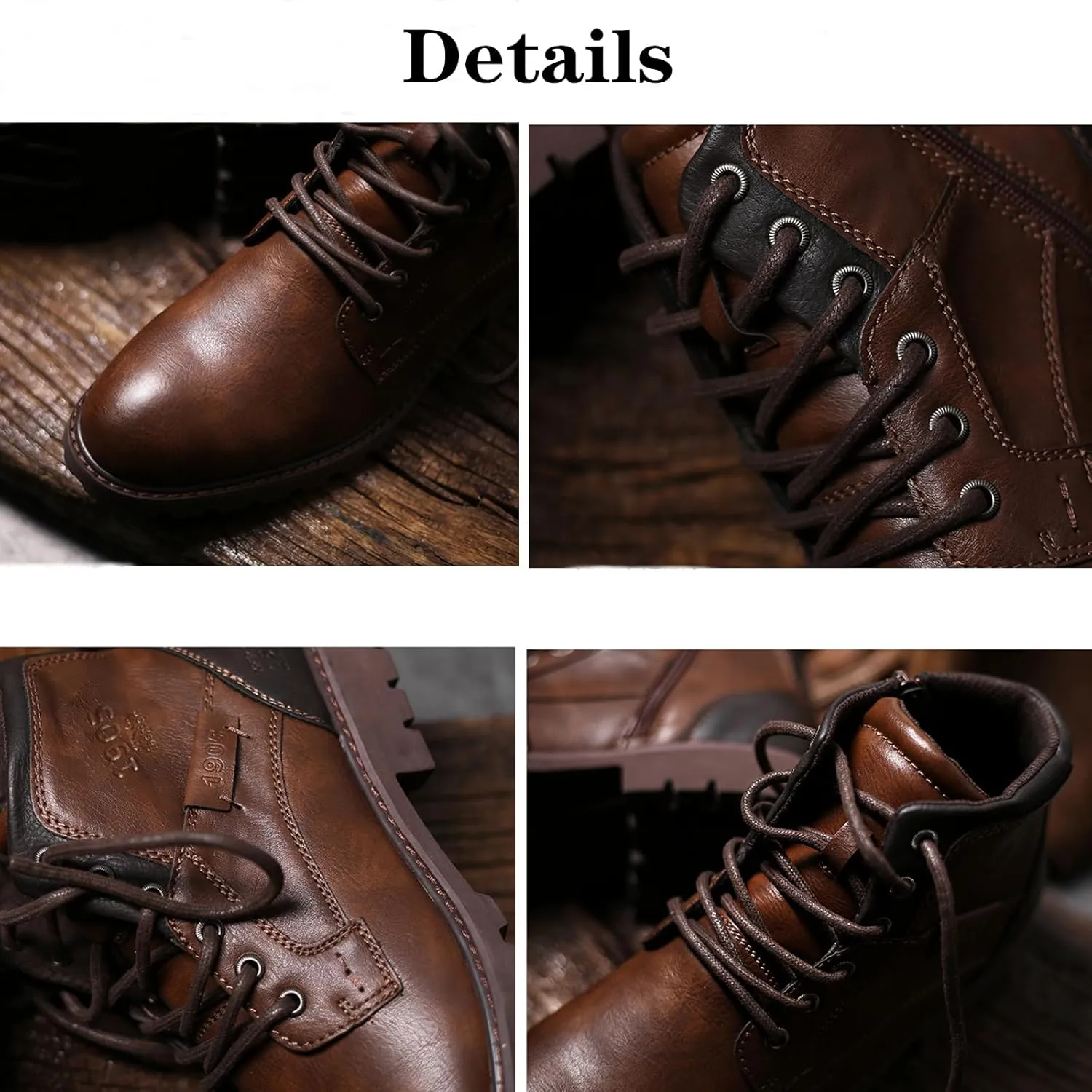 UOQAPRE Work Boots for Men Wedge Work Leather Boots With Side Zipper Men's Motorcycle Boots Adjustable Width System
