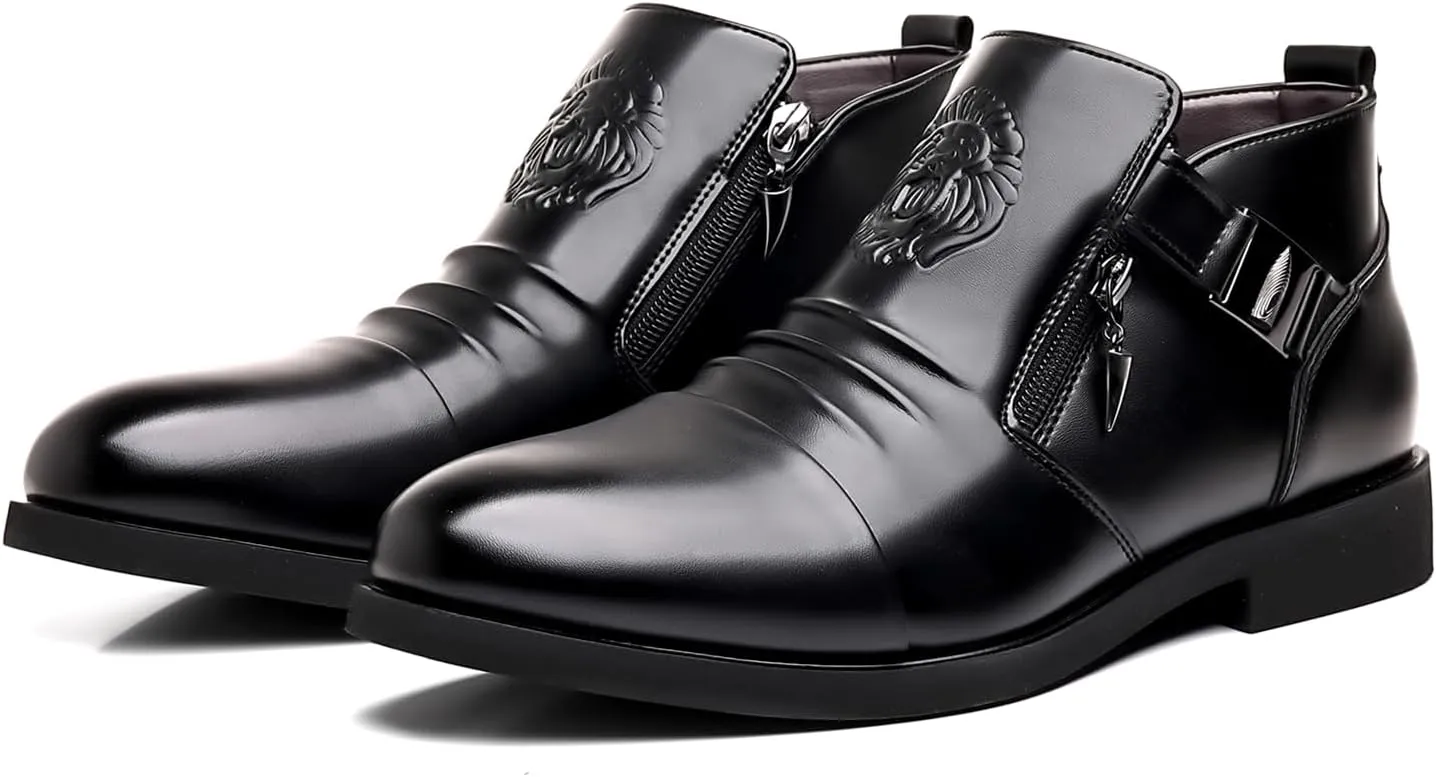 UOQAPRE Work Boots for Men Wedge Work Leather Boots With Side Zipper Men's Motorcycle Boots Adjustable Width System