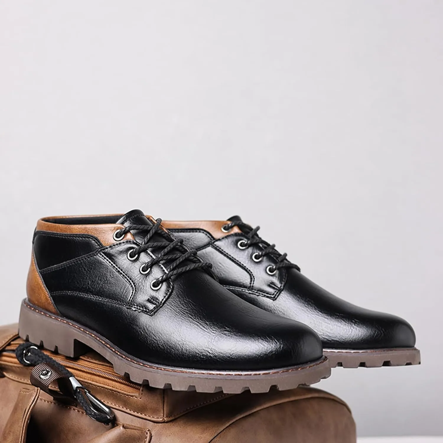 UOQAPRE Work Boots for Men Wedge Work Leather Boots With Side Zipper Men's Motorcycle Boots Adjustable Width System
