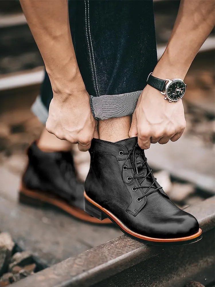 UOQAPRE Work Boots for Men Wedge Work Leather Boots With Side Zipper Men's Motorcycle Boots Adjustable Width System