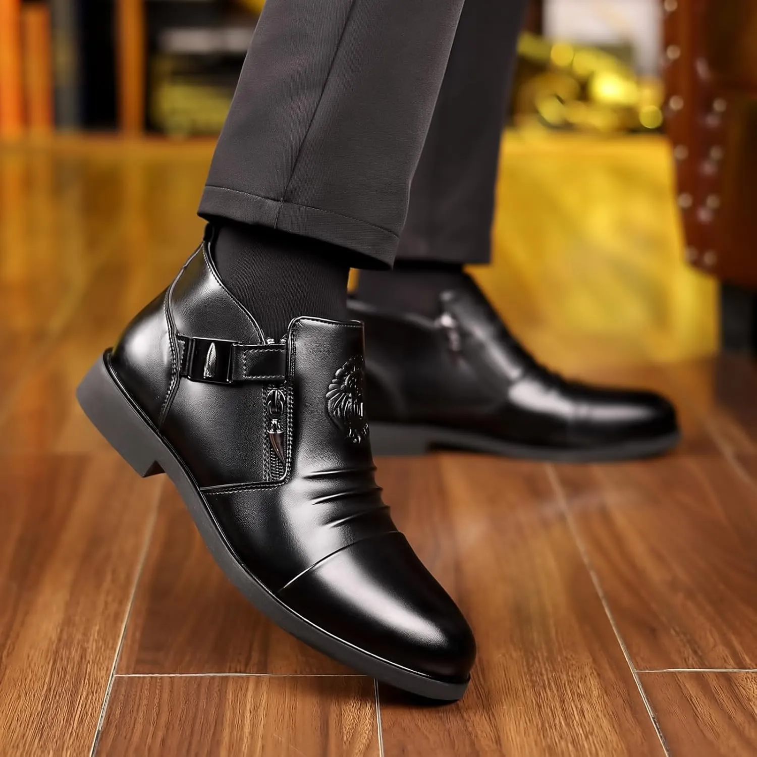 UOQAPRE Work Boots for Men Wedge Work Leather Boots With Side Zipper Men's Motorcycle Boots Adjustable Width System