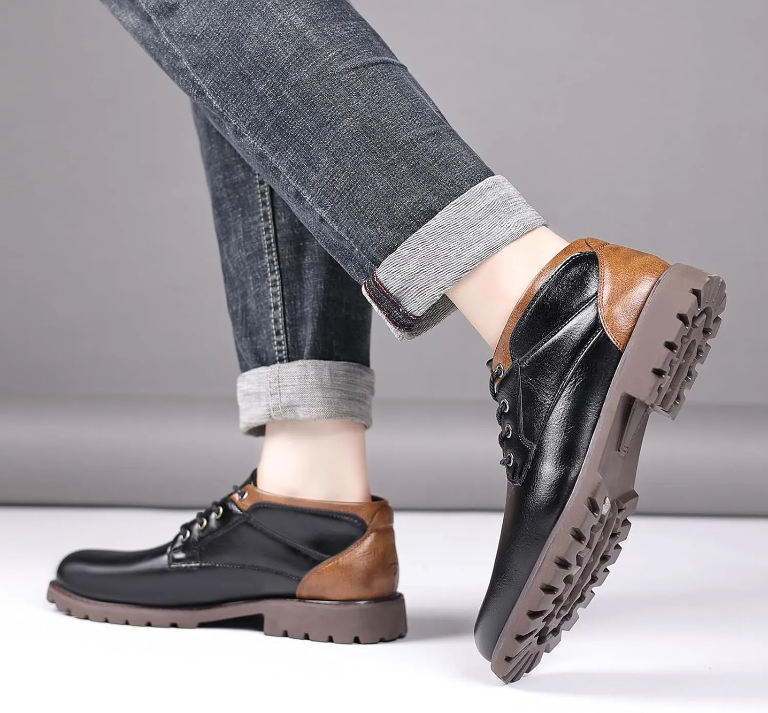 UOQAPRE Work Boots for Men Wedge Work Leather Boots With Side Zipper Men's Motorcycle Boots Adjustable Width System