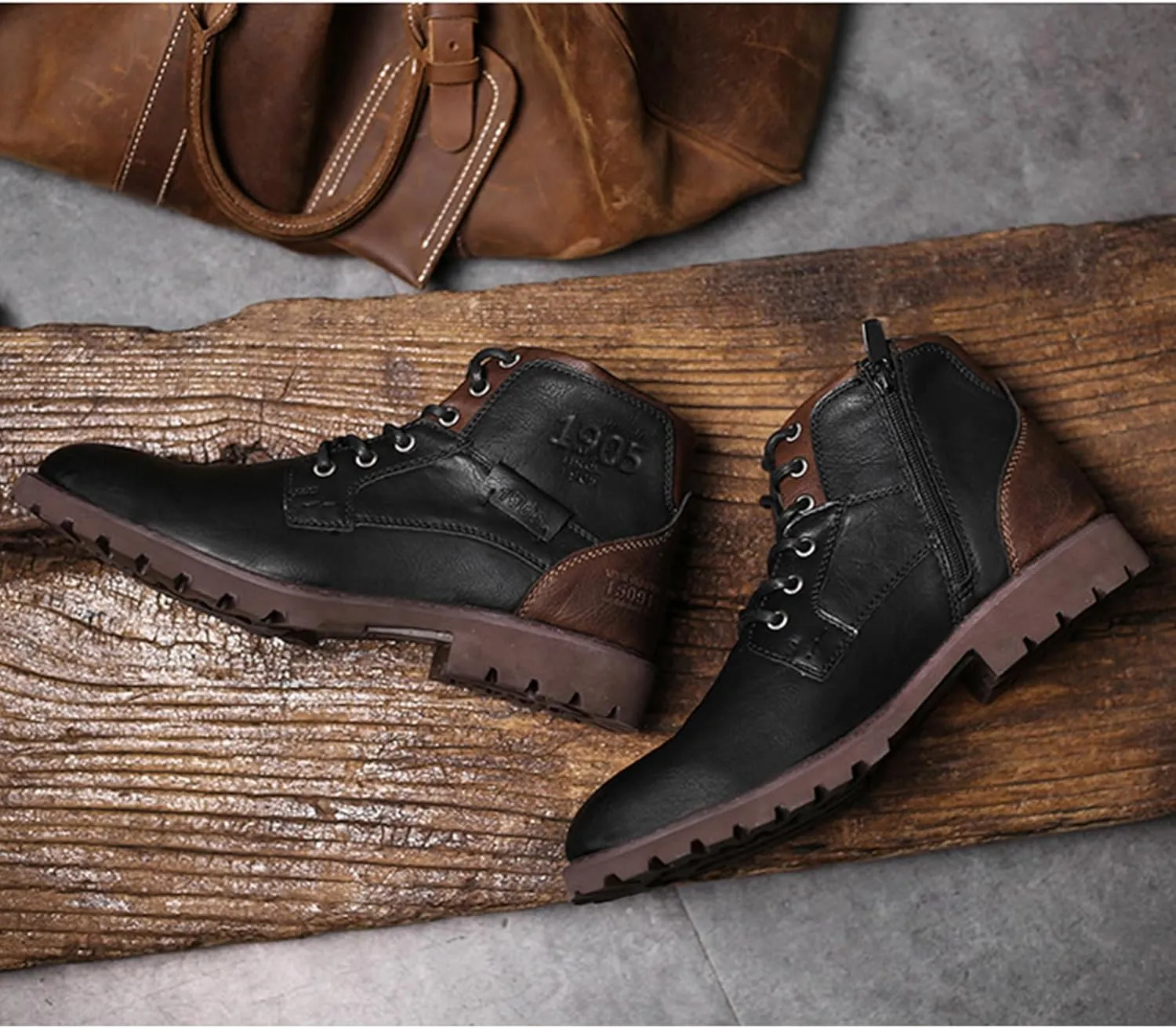 UOQAPRE Work Boots for Men Wedge Work Leather Boots With Side Zipper Men's Motorcycle Boots Adjustable Width System