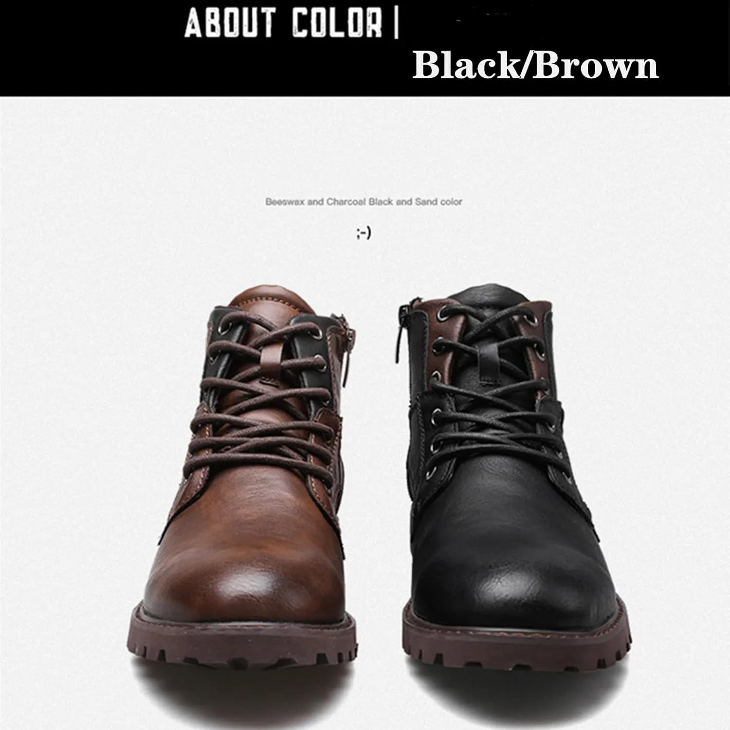 UOQAPRE Work Boots for Men Wedge Work Leather Boots With Side Zipper Men's Motorcycle Boots Adjustable Width System