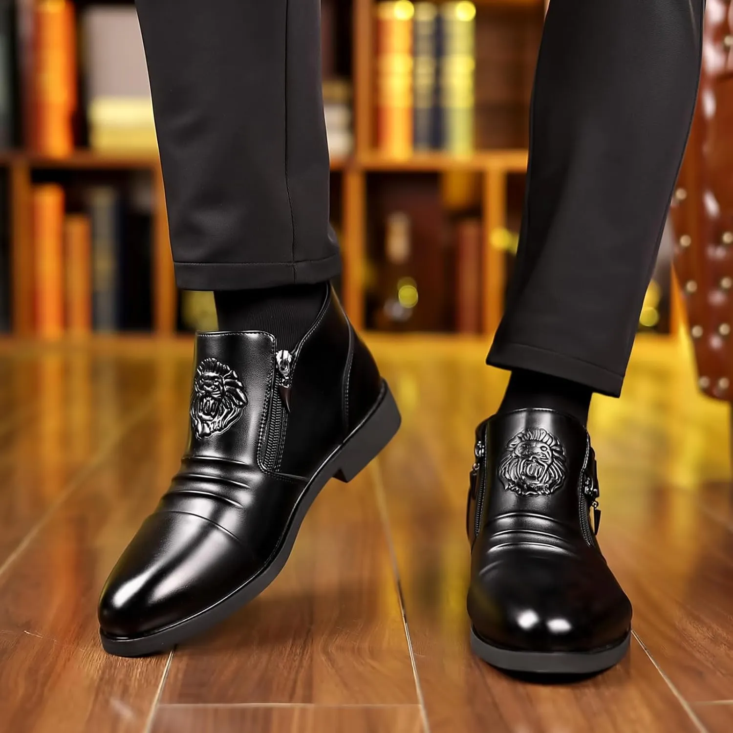 UOQAPRE Work Boots for Men Wedge Work Leather Boots With Side Zipper Men's Motorcycle Boots Adjustable Width System