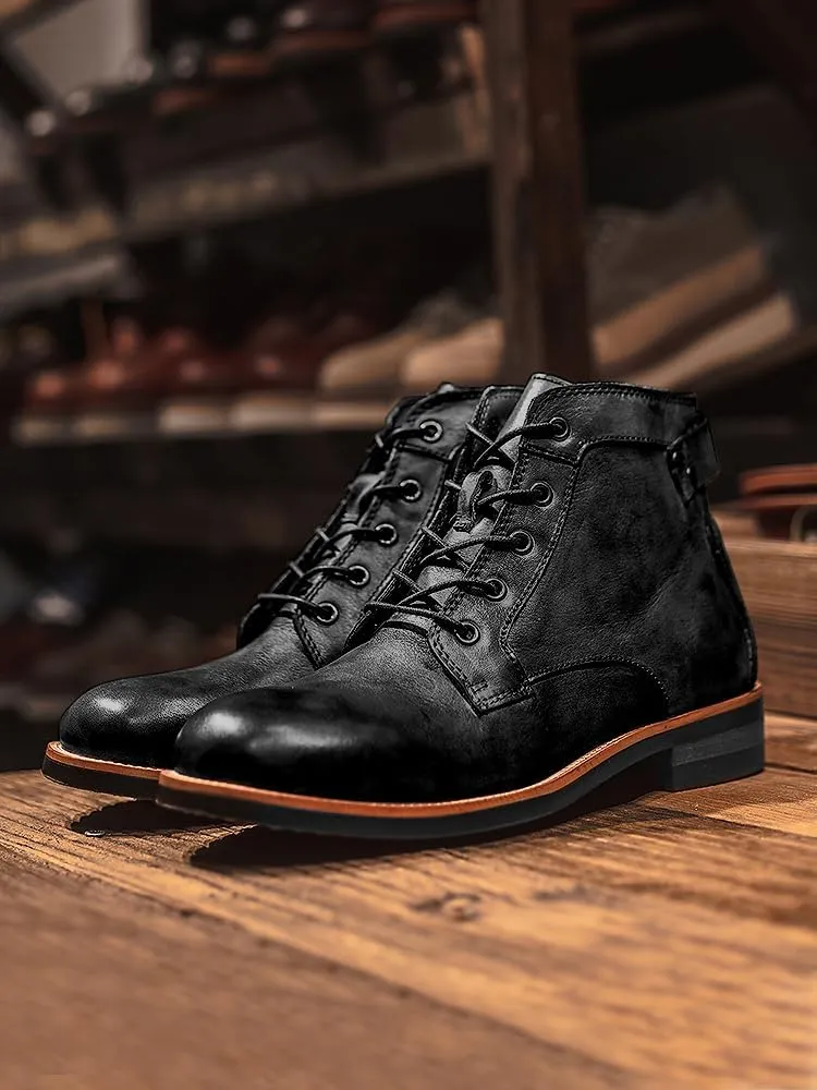 UOQAPRE Work Boots for Men Wedge Work Leather Boots With Side Zipper Men's Motorcycle Boots Adjustable Width System