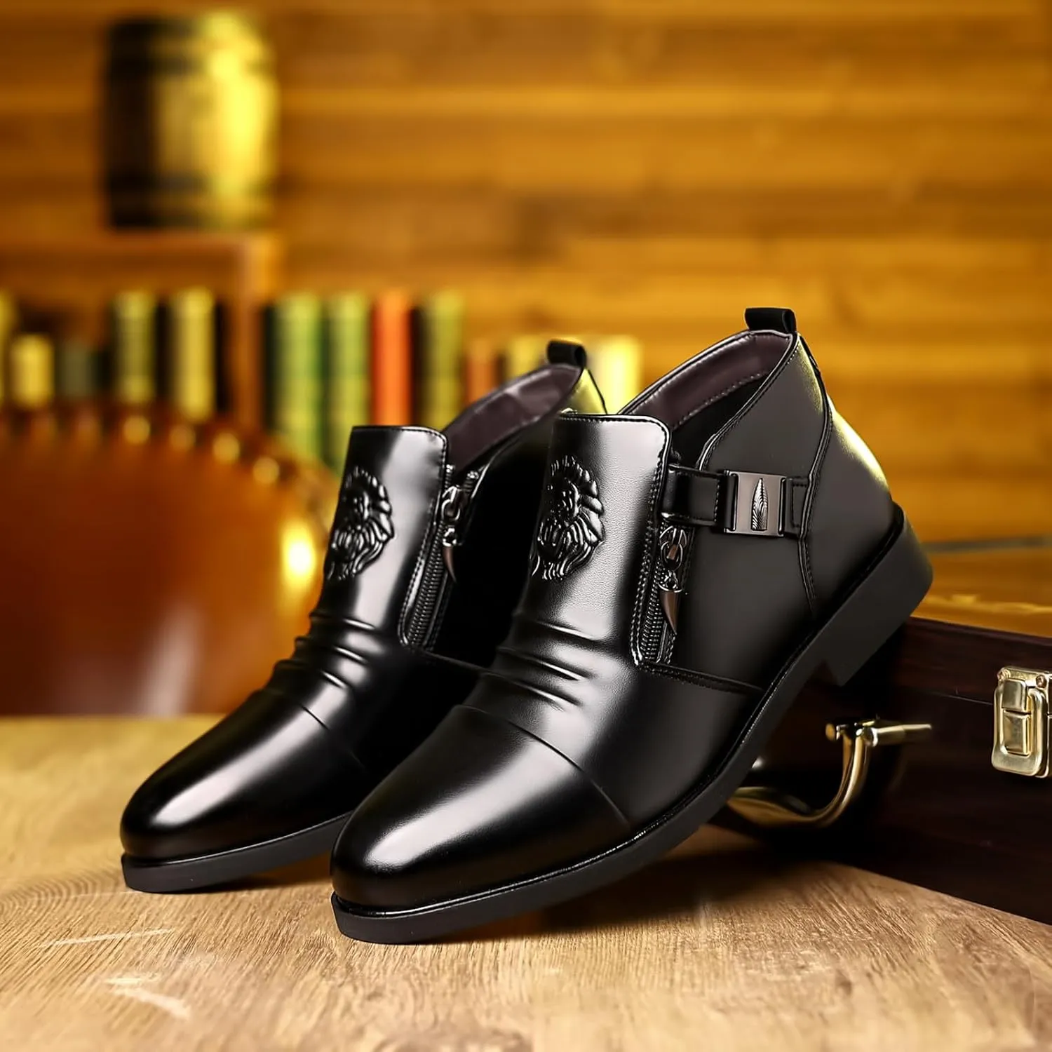 UOQAPRE Work Boots for Men Wedge Work Leather Boots With Side Zipper Men's Motorcycle Boots Adjustable Width System