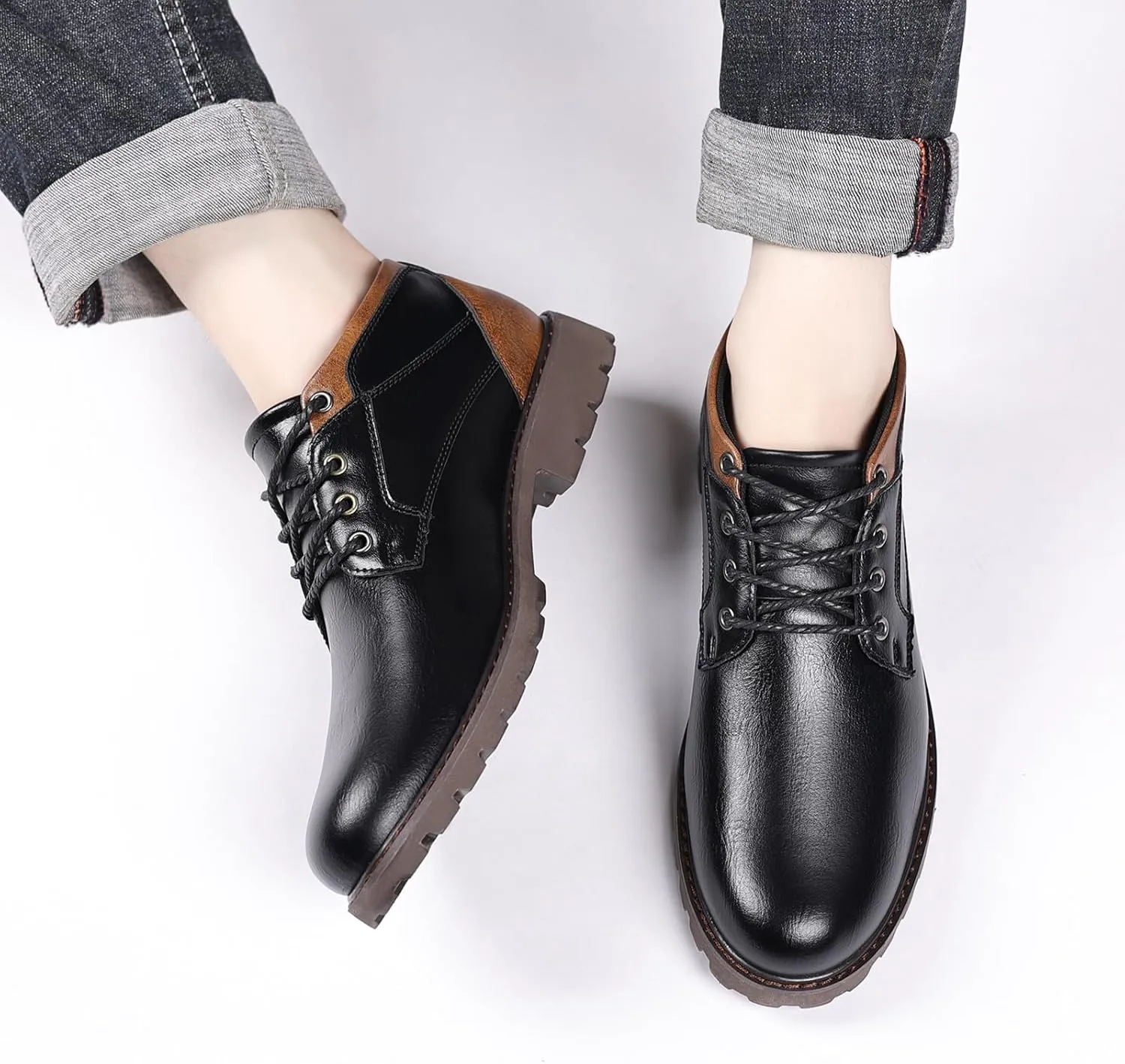 UOQAPRE Work Boots for Men Wedge Work Leather Boots With Side Zipper Men's Motorcycle Boots Adjustable Width System