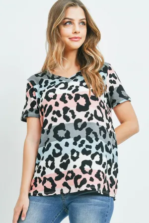 V-Neck Multicolor Stripes Leopard Print Top