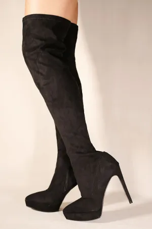 VEENA POINTED TOE KNEE HIGH HEEL PLATFORM BOOTS IN BLACK FAUX SUEDE