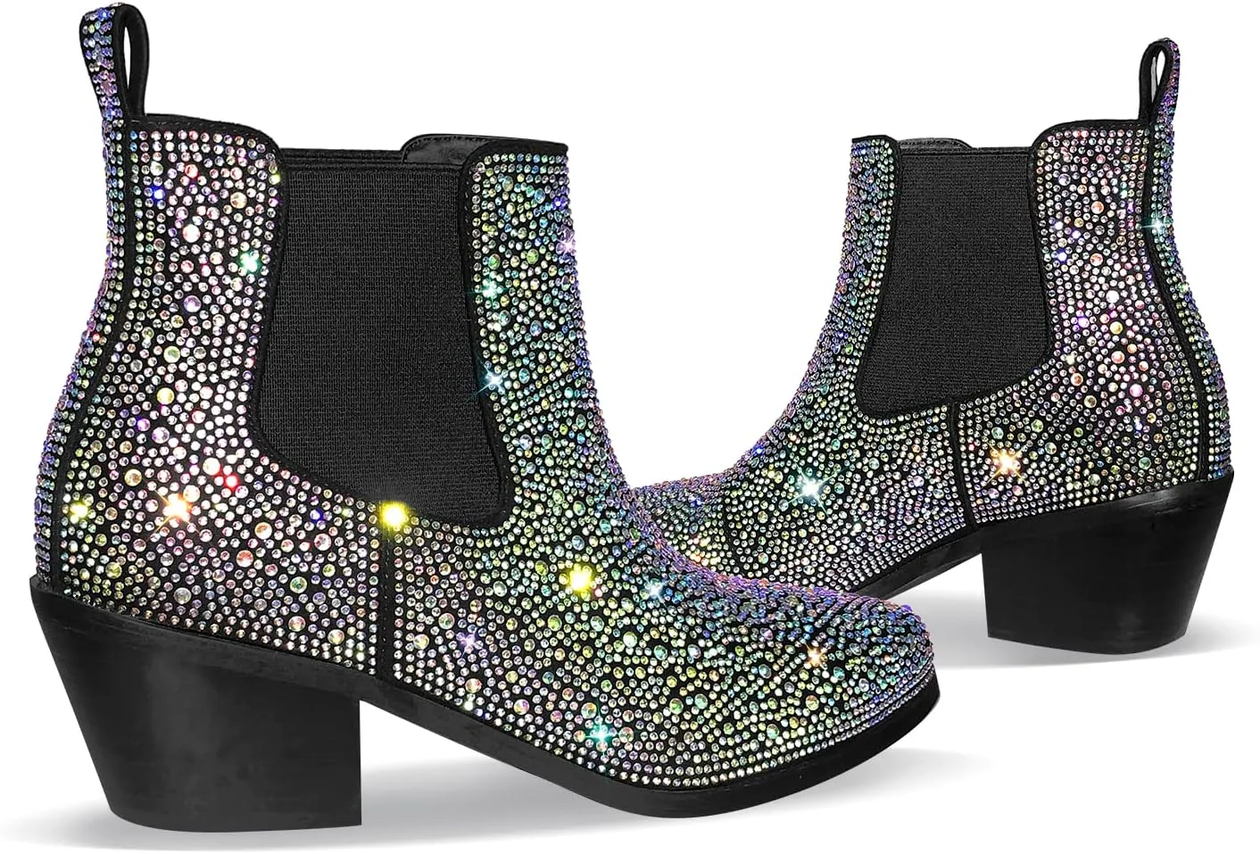 VERISSON Point Toe Western Boots Chelsea Silver Glitter Rhinestone Block Heeled Cowboy Booty 6CM