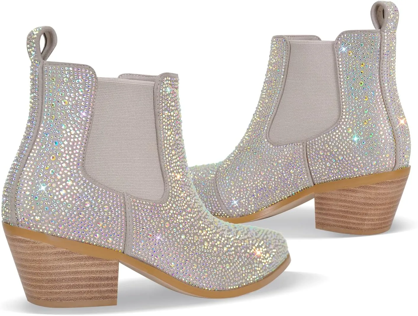 VERISSON Point Toe Western Boots Chelsea Silver Glitter Rhinestone Block Heeled Cowboy Booty 6CM