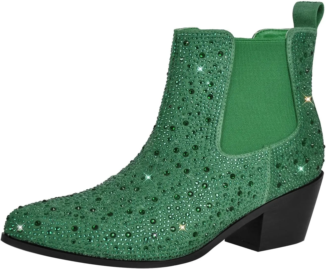 VERISSON Point Toe Western Boots Chelsea Silver Glitter Rhinestone Block Heeled Cowboy Booty 6CM