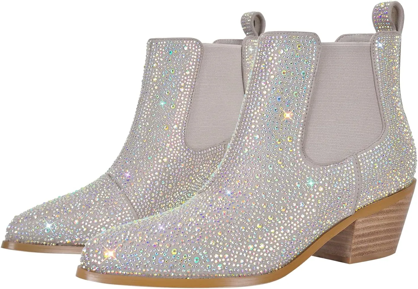 VERISSON Point Toe Western Boots Chelsea Silver Glitter Rhinestone Block Heeled Cowboy Booty 6CM