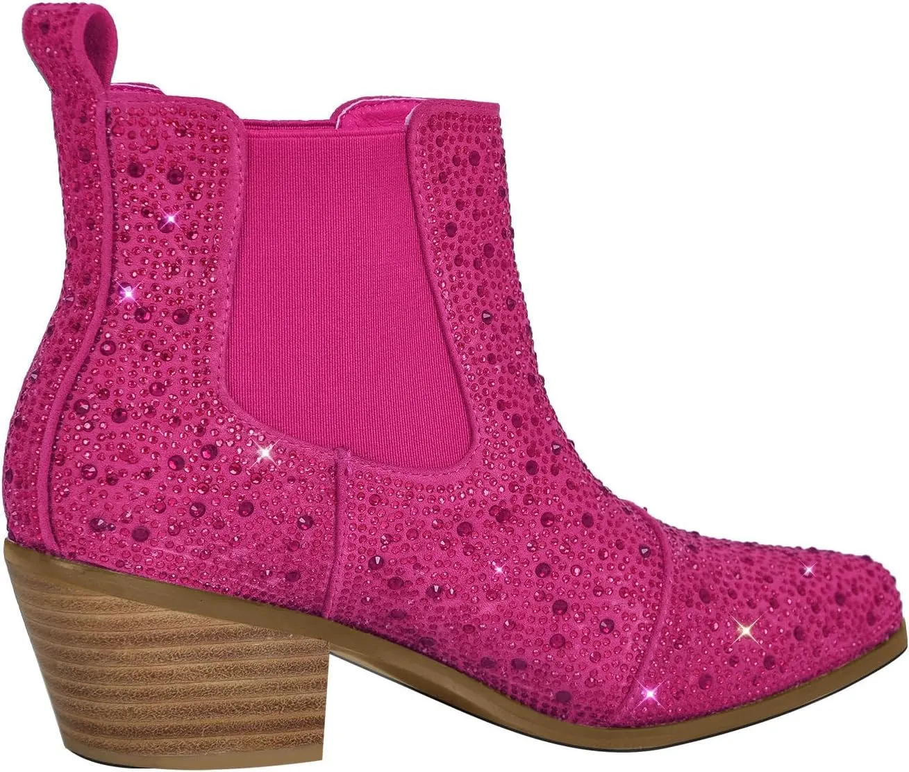 VERISSON Point Toe Western Boots Chelsea Silver Glitter Rhinestone Block Heeled Cowboy Booty 6CM