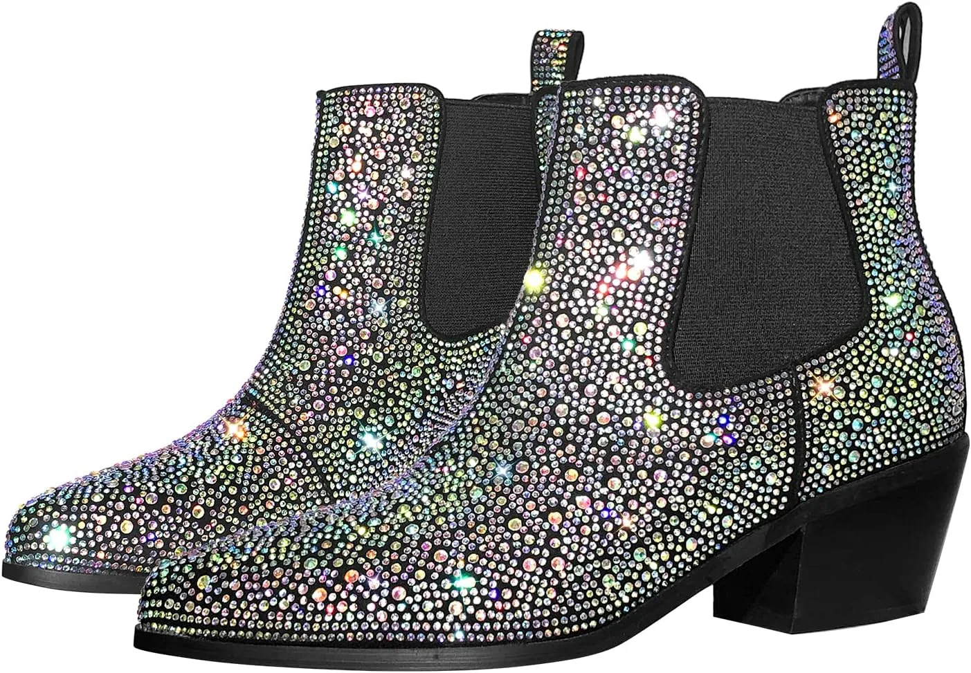 VERISSON Point Toe Western Boots Chelsea Silver Glitter Rhinestone Block Heeled Cowboy Booty 6CM