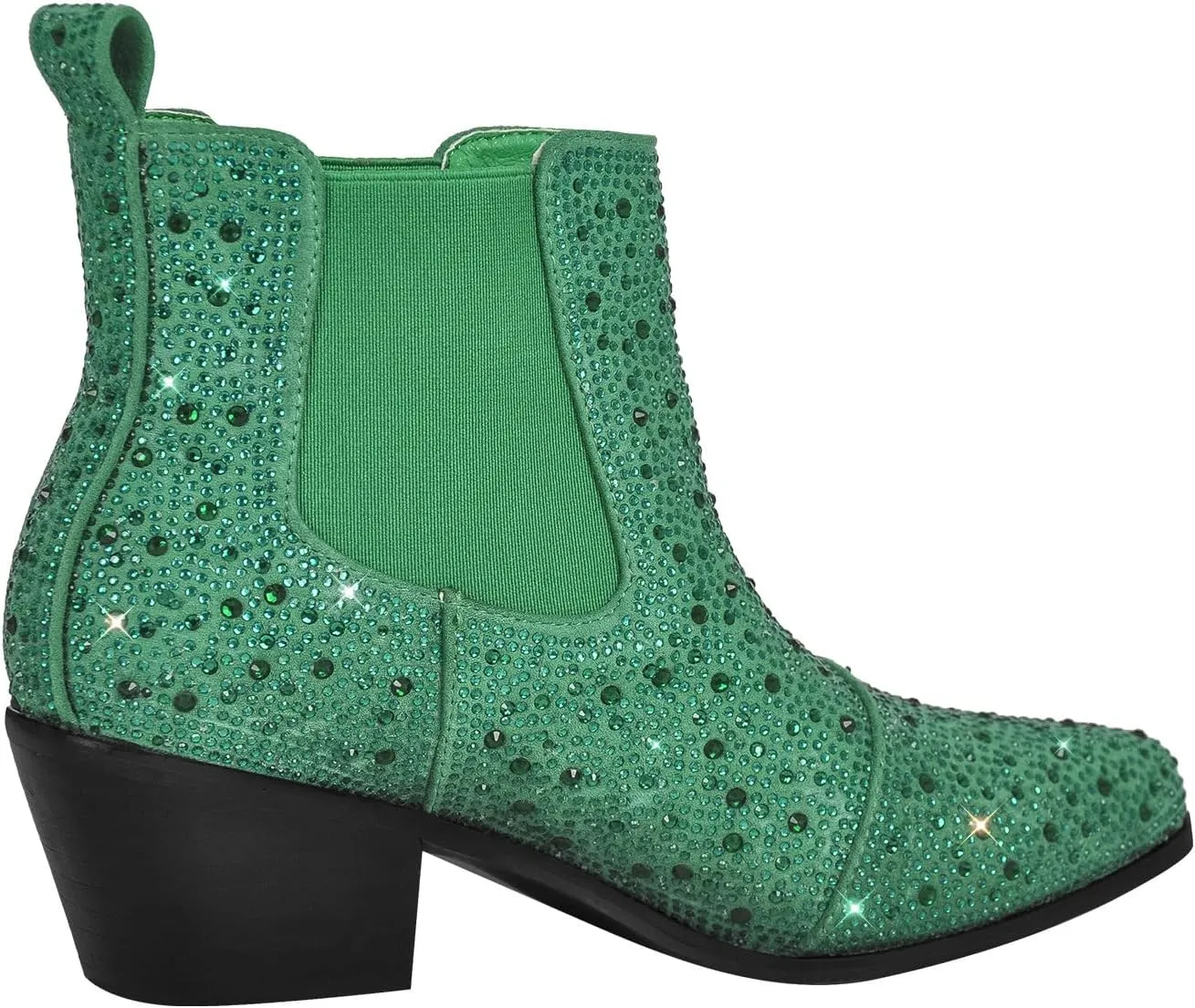 VERISSON Point Toe Western Boots Chelsea Silver Glitter Rhinestone Block Heeled Cowboy Booty 6CM