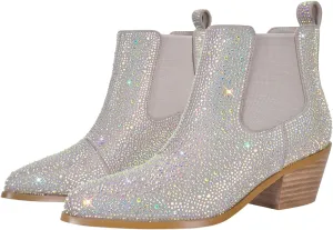 VERISSON Point Toe Western Boots Chelsea Silver Glitter Rhinestone Block Heeled Cowboy Booty 6CM