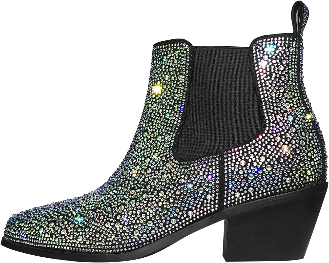VERISSON Point Toe Western Boots Chelsea Silver Glitter Rhinestone Block Heeled Cowboy Booty 6CM