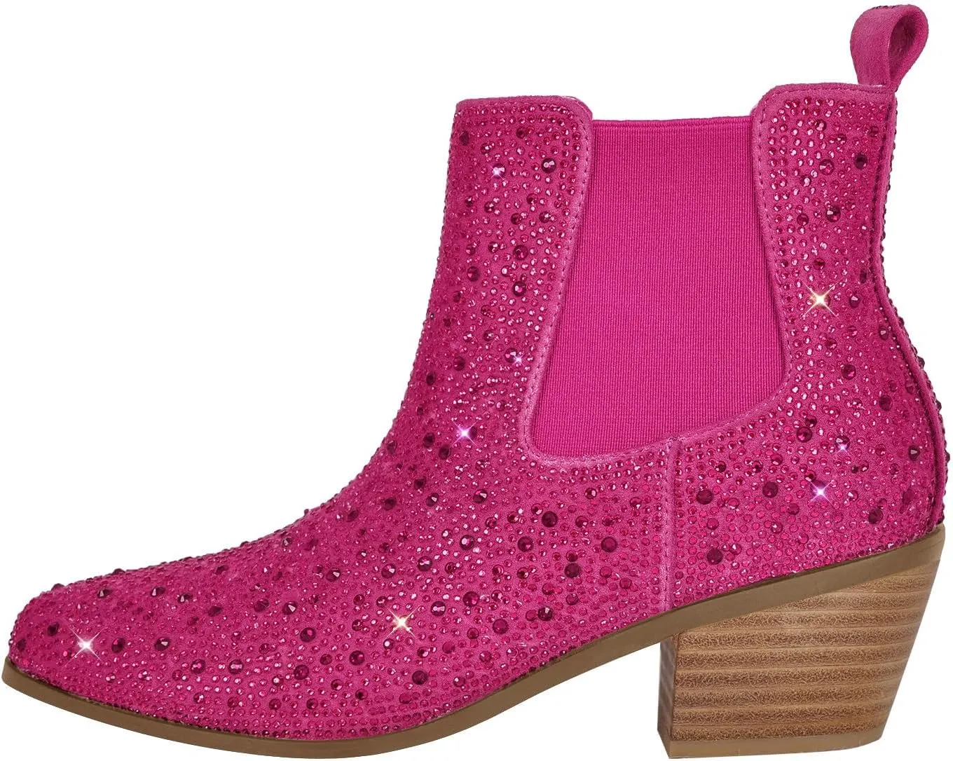 VERISSON Point Toe Western Boots Chelsea Silver Glitter Rhinestone Block Heeled Cowboy Booty 6CM