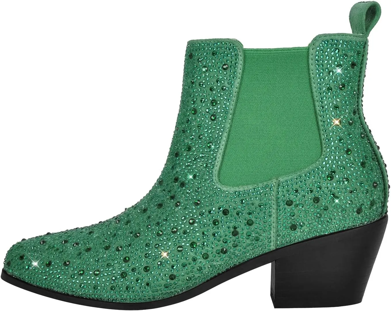 VERISSON Point Toe Western Boots Chelsea Silver Glitter Rhinestone Block Heeled Cowboy Booty 6CM