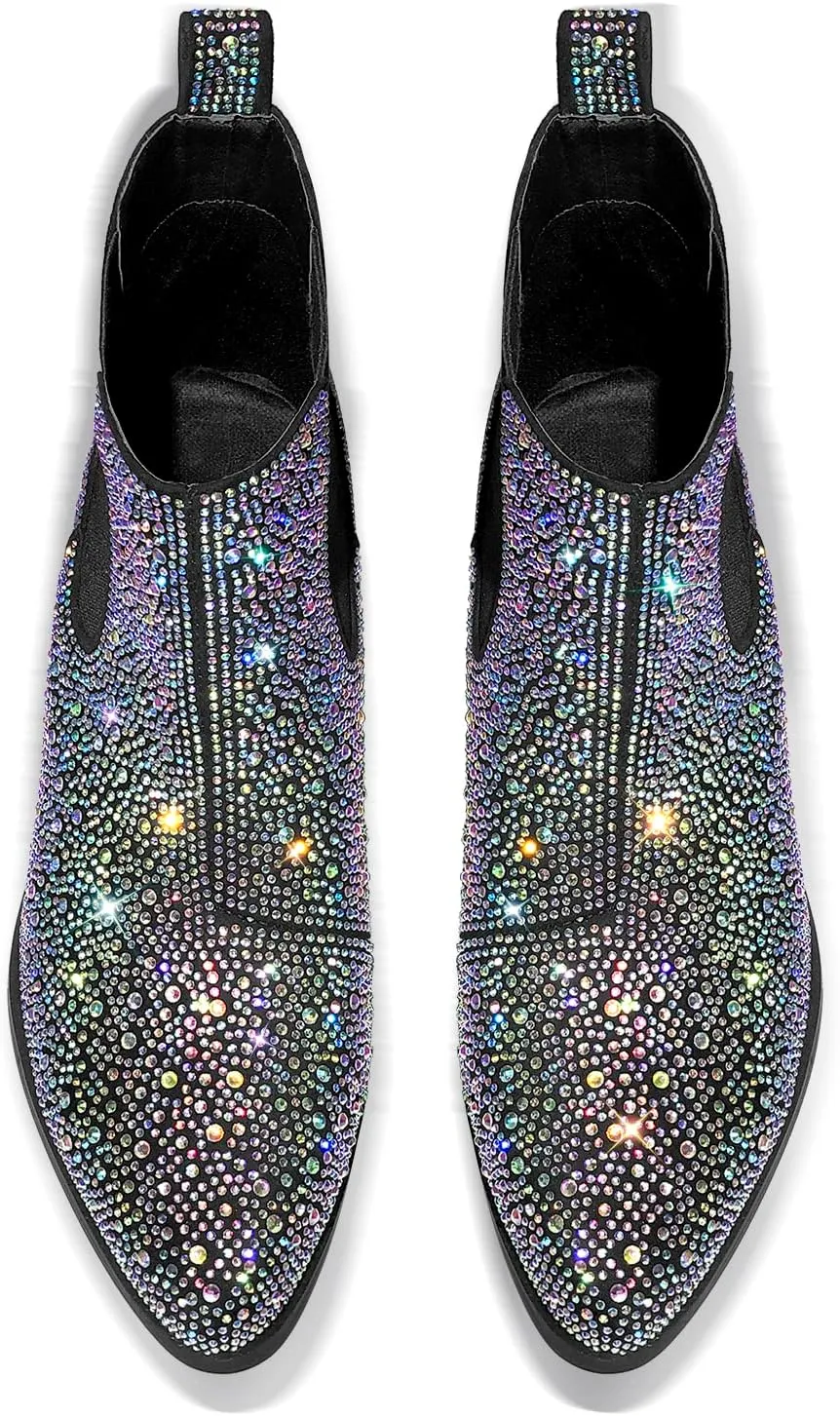 VERISSON Point Toe Western Boots Chelsea Silver Glitter Rhinestone Block Heeled Cowboy Booty 6CM