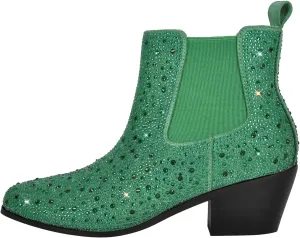 VERISSON Point Toe Western Boots Chelsea Silver Glitter Rhinestone Block Heeled Cowboy Booty 6CM