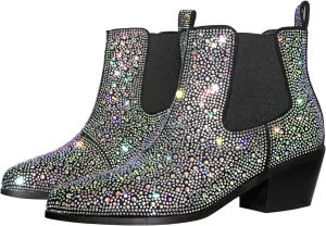 VERISSON Point Toe Western Boots Chelsea Silver Glitter Rhinestone Block Heeled Cowboy Booty 6CM