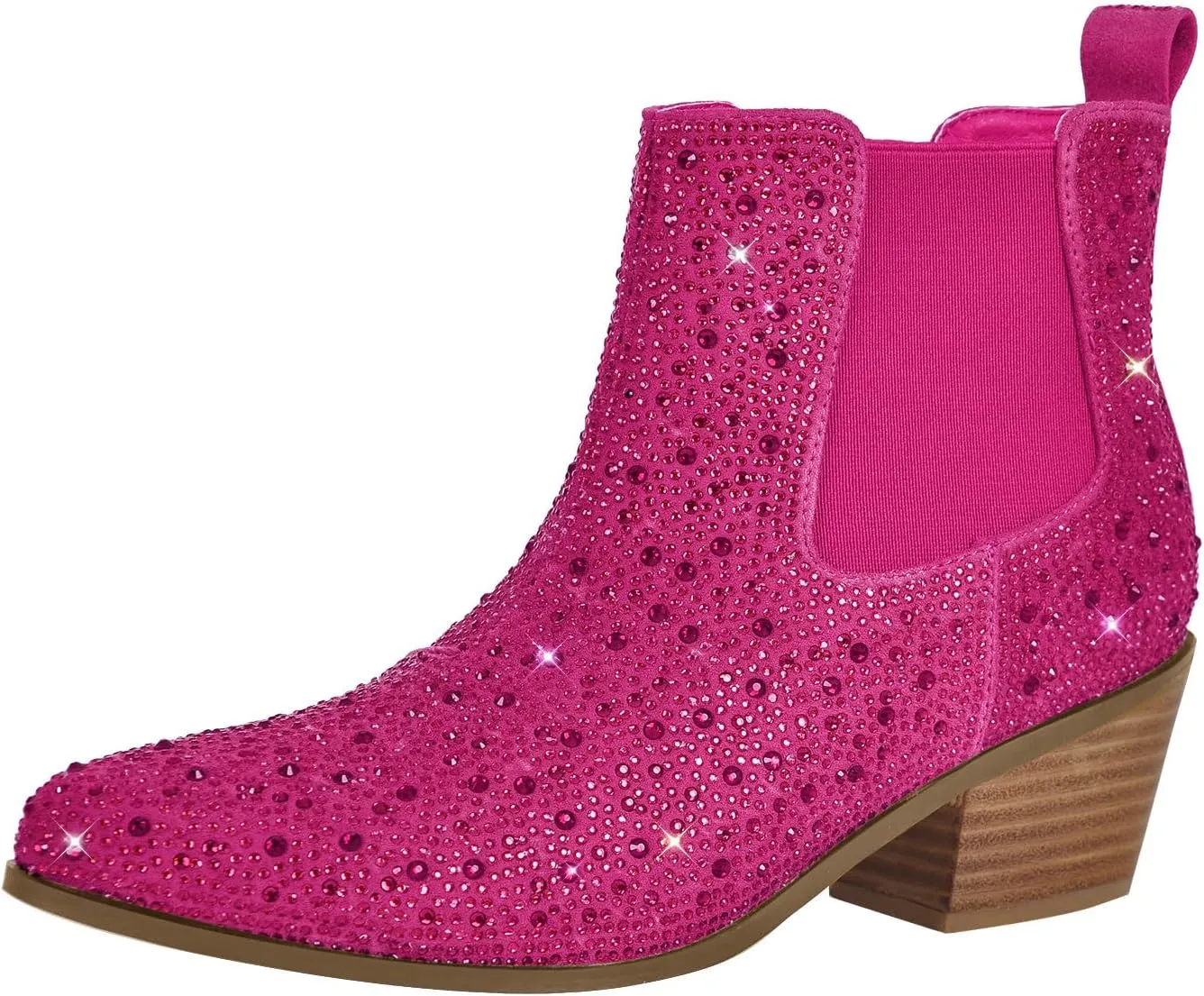 VERISSON Point Toe Western Boots Chelsea Silver Glitter Rhinestone Block Heeled Cowboy Booty 6CM