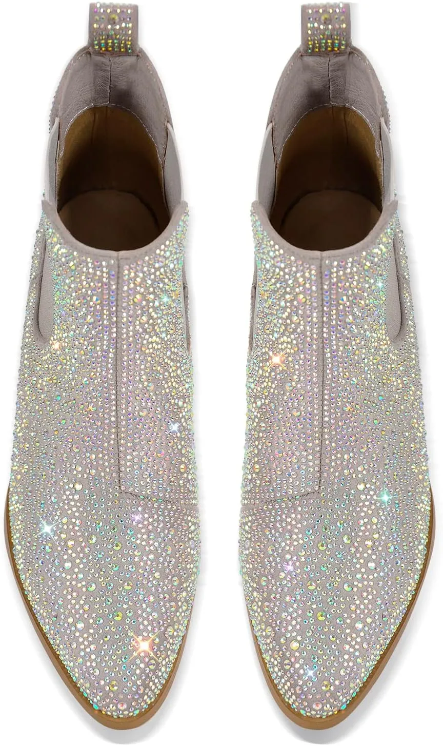 VERISSON Point Toe Western Boots Chelsea Silver Glitter Rhinestone Block Heeled Cowboy Booty 6CM