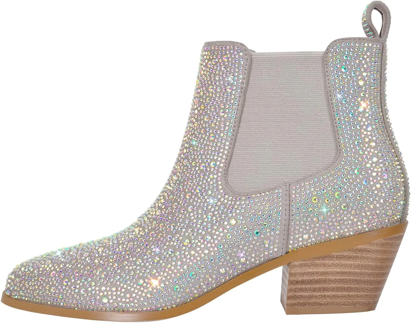 VERISSON Point Toe Western Boots Chelsea Silver Glitter Rhinestone Block Heeled Cowboy Booty 6CM