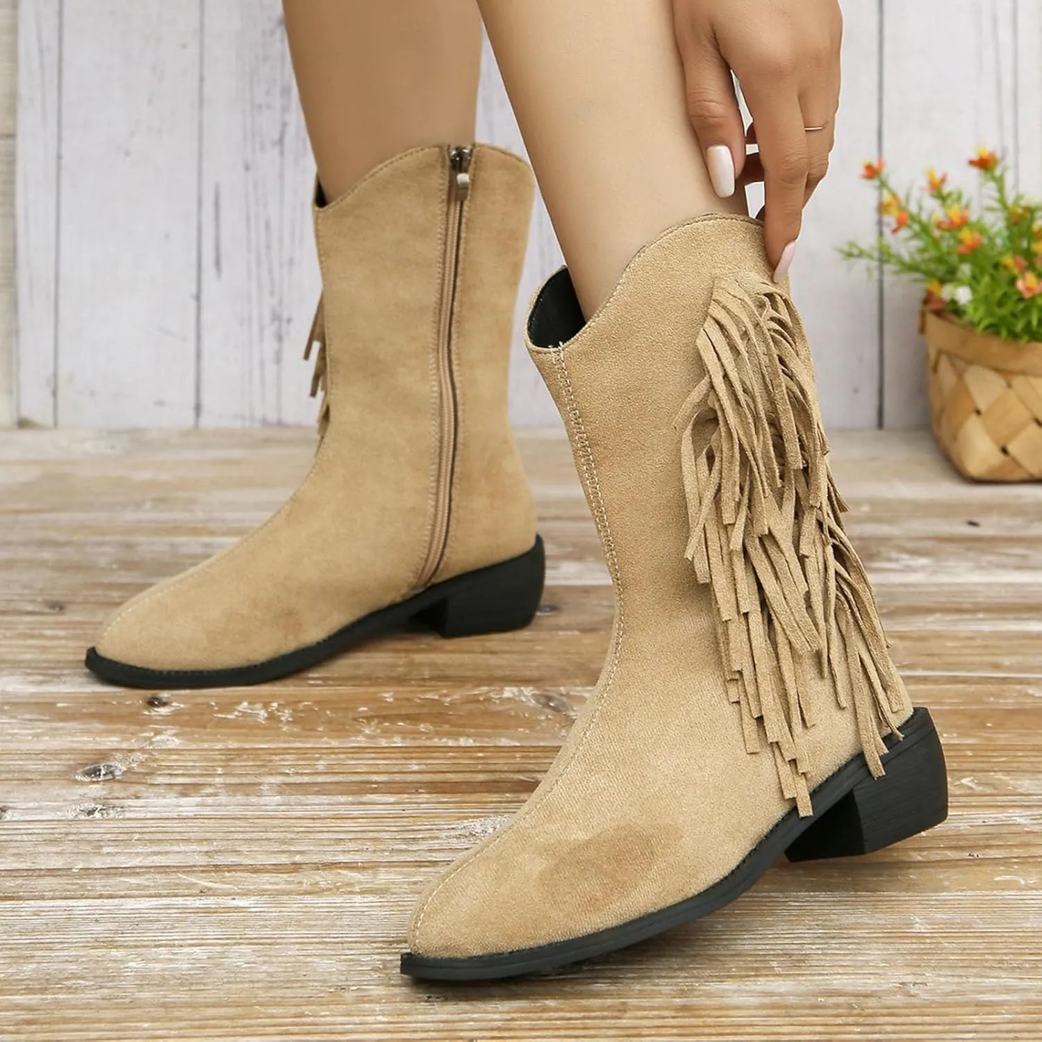 Western Boots Ankle Booties Women's Cowboy Western Ankle Boots Low Chunky Heels Fall Short Booties Tassel Shoes