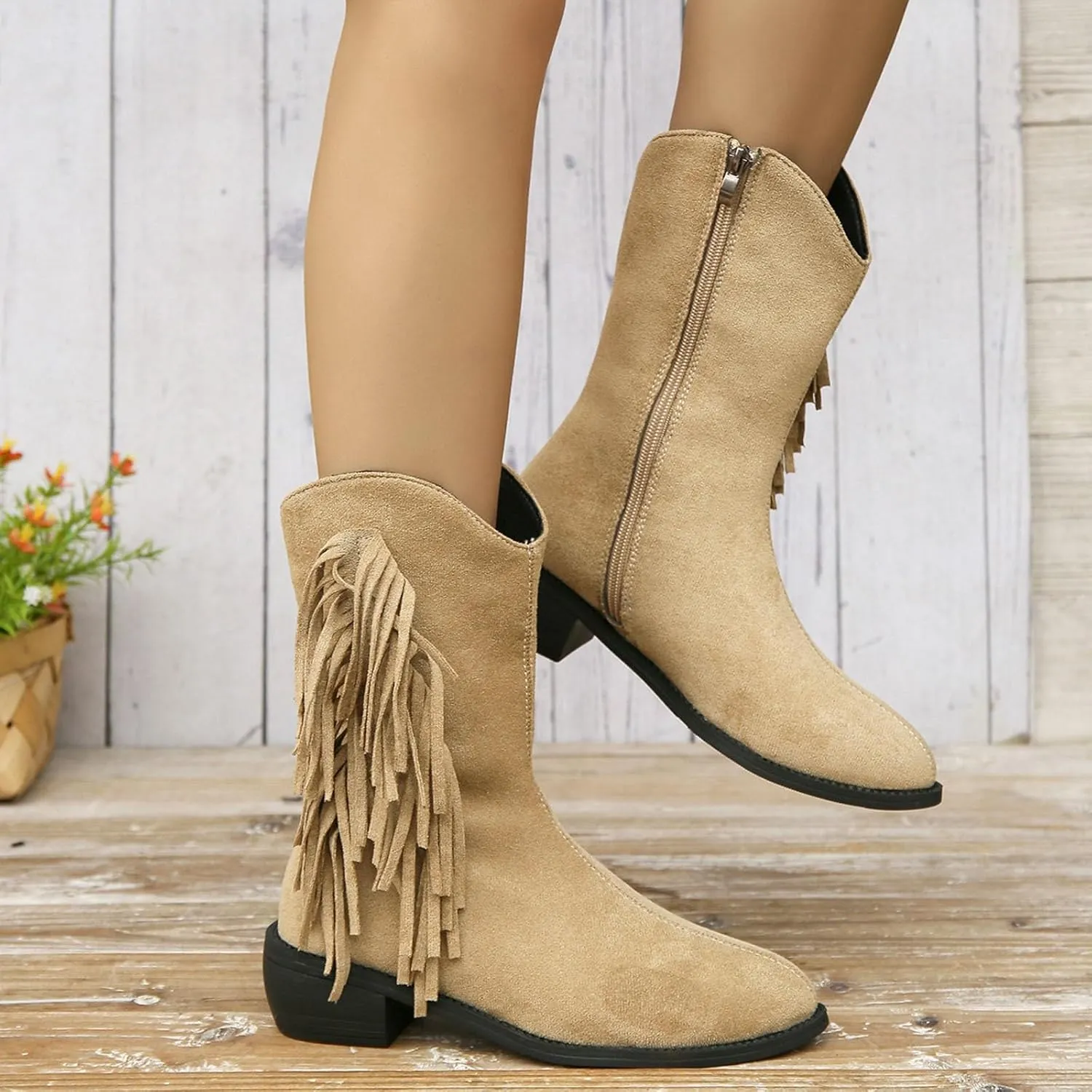 Western Boots Ankle Booties Women's Cowboy Western Ankle Boots Low Chunky Heels Fall Short Booties Tassel Shoes