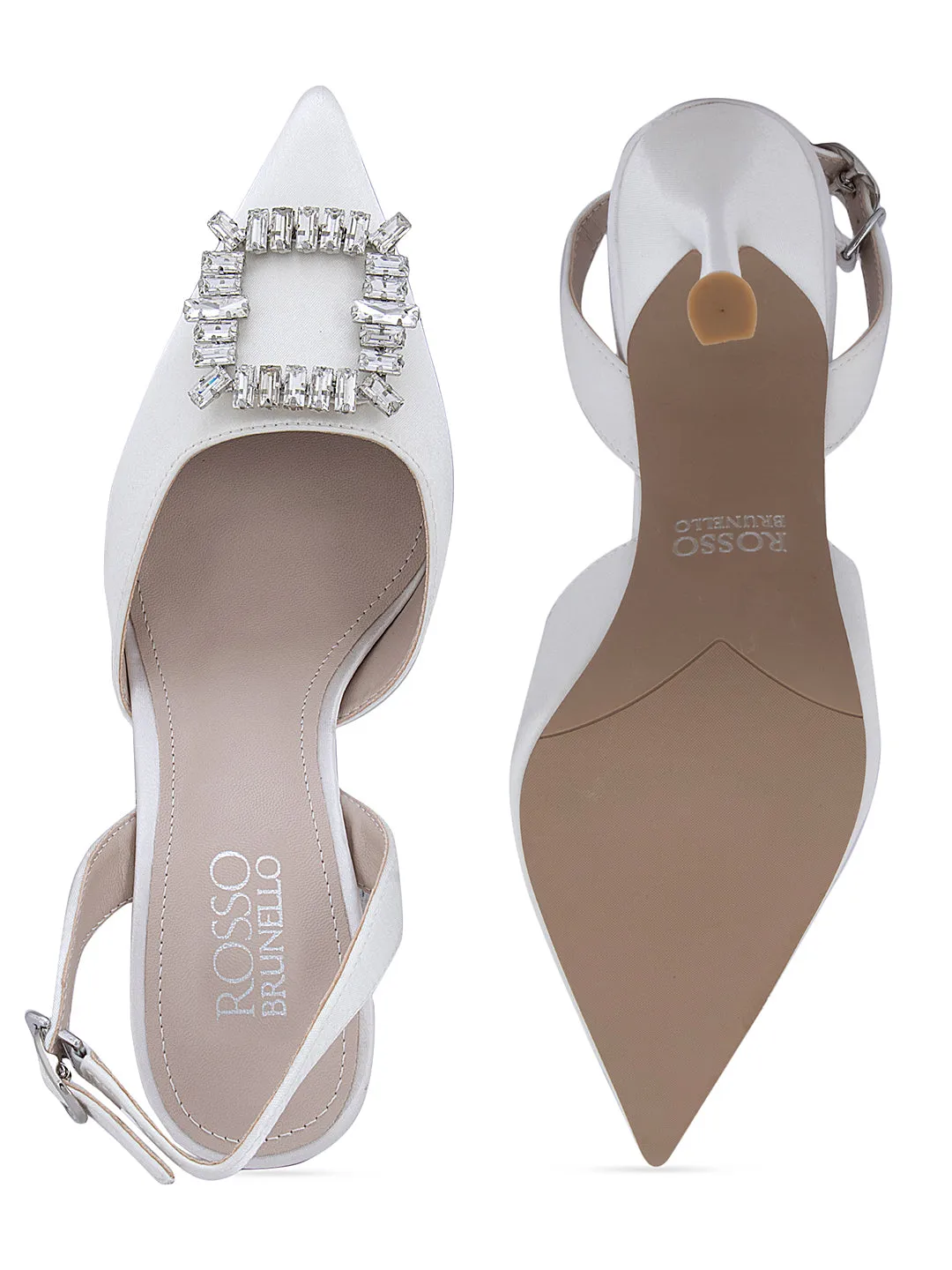 White Buckle Embellished Slingback Heels