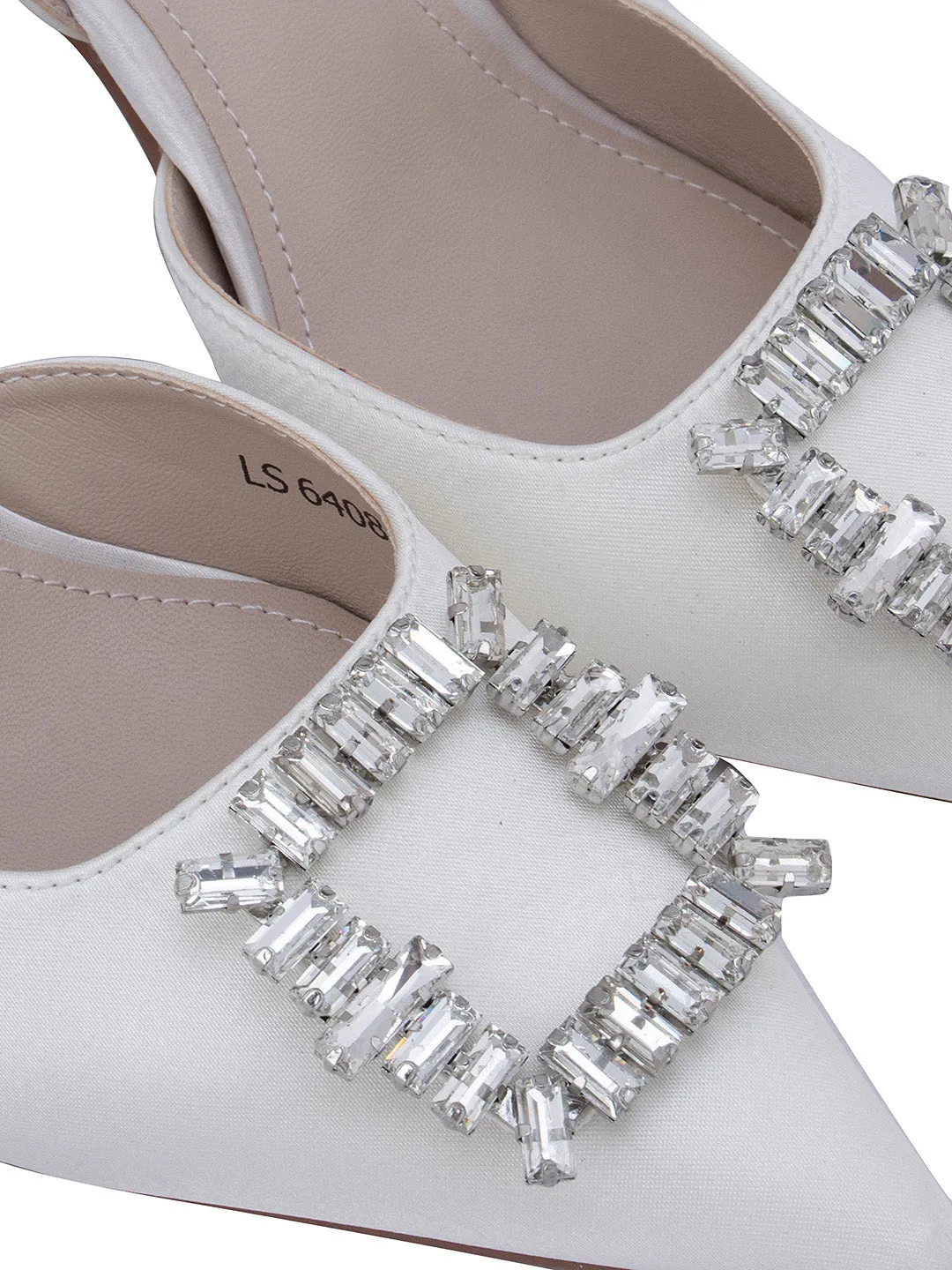 White Buckle Embellished Slingback Heels