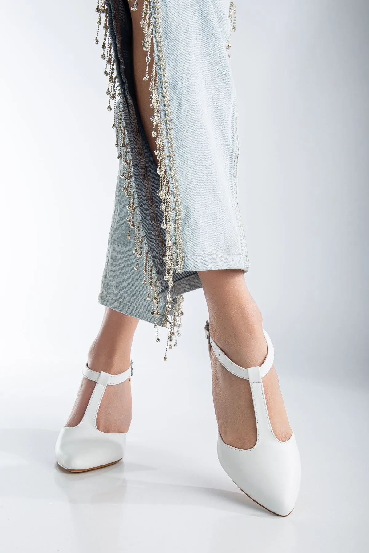 White Leather Heeled Women's Shoes