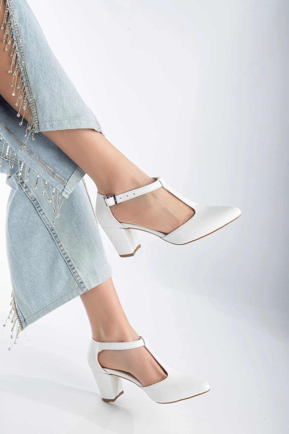 White Leather Heeled Women's Shoes