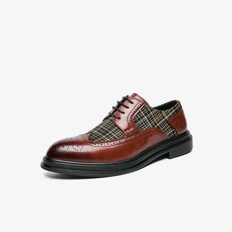 Wingtip Plaid Oxford Fabric Leather Shoes