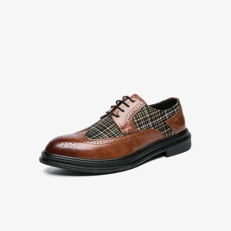 Wingtip Plaid Oxford Fabric Leather Shoes