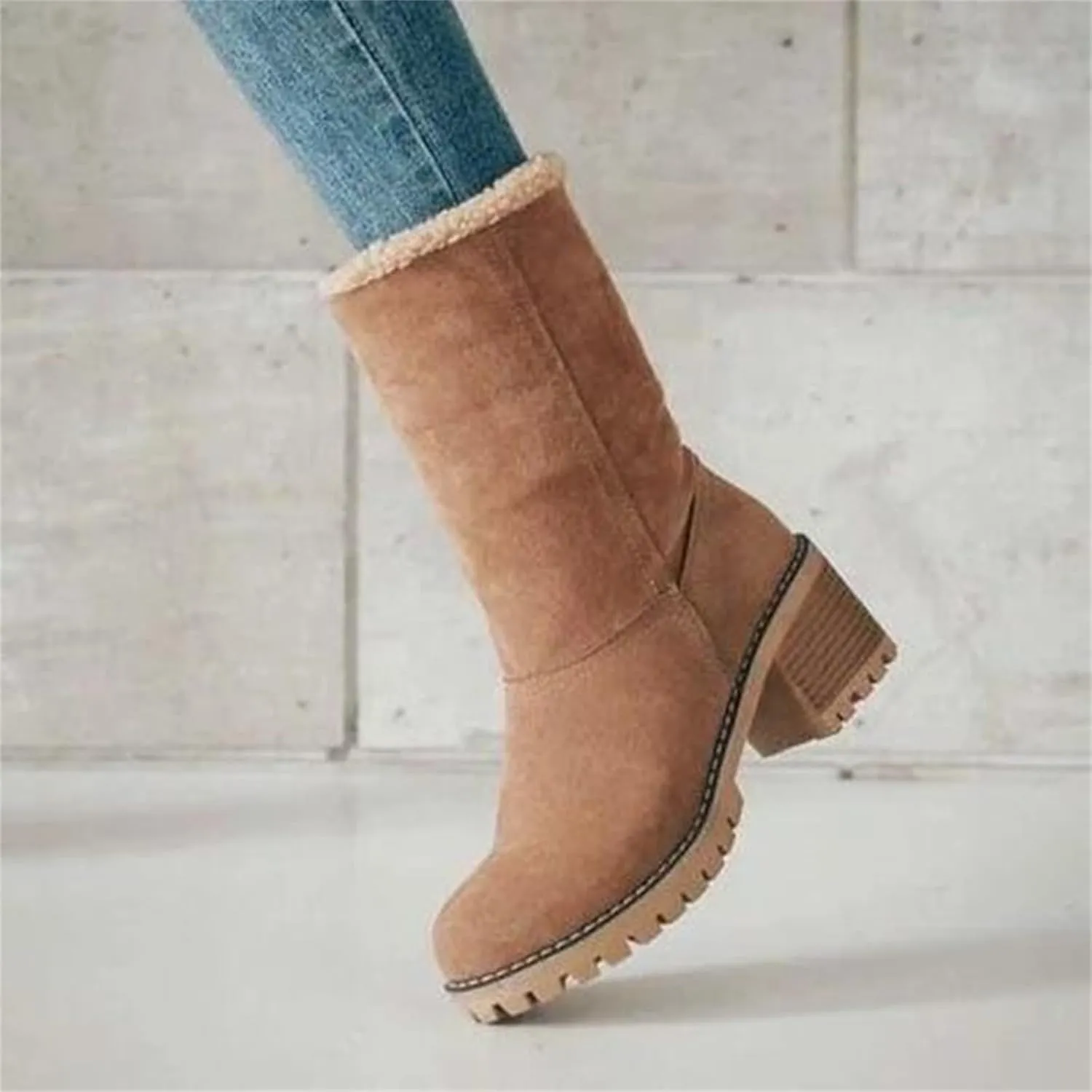 Winter Boots for Women Faux Fur Lined Slip On Mid Calf Chunky Heel Suede Ankle Boots Warm Comfy Snow Boots for Outdoor