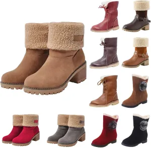 Winter Boots for Women Faux Fur Lined Slip On Mid Calf Chunky Heel Suede Ankle Boots Warm Comfy Snow Boots for Outdoor