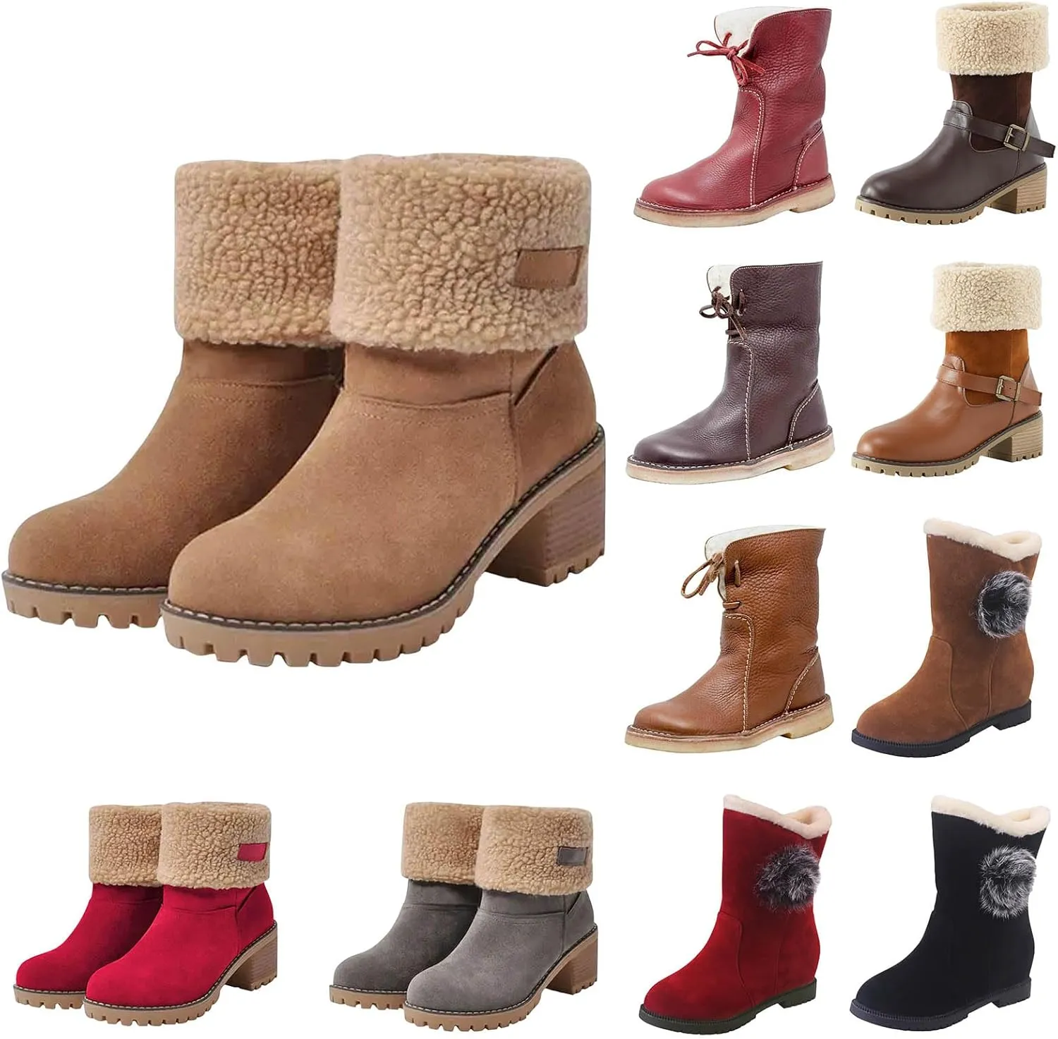 Winter Boots for Women Faux Fur Lined Slip On Mid Calf Chunky Heel Suede Ankle Boots Warm Comfy Snow Boots for Outdoor