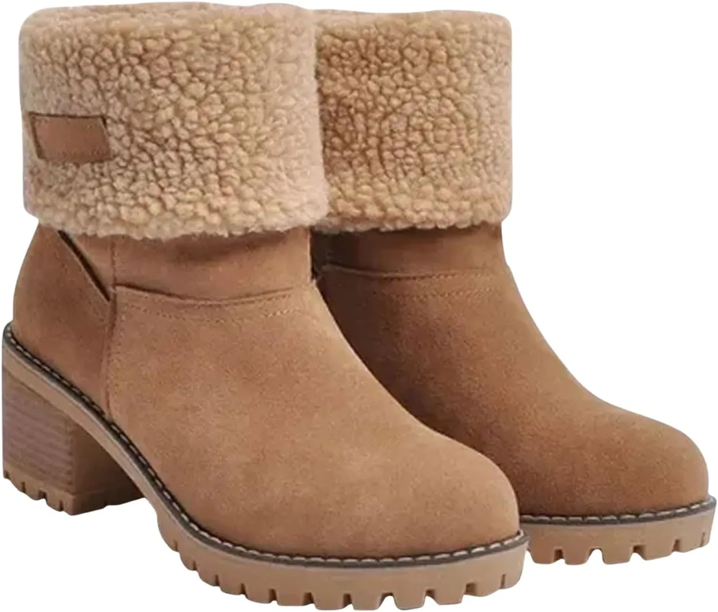 Winter Boots for Women Faux Fur Lined Slip On Mid Calf Chunky Heel Suede Ankle Boots Warm Comfy Snow Boots for Outdoor