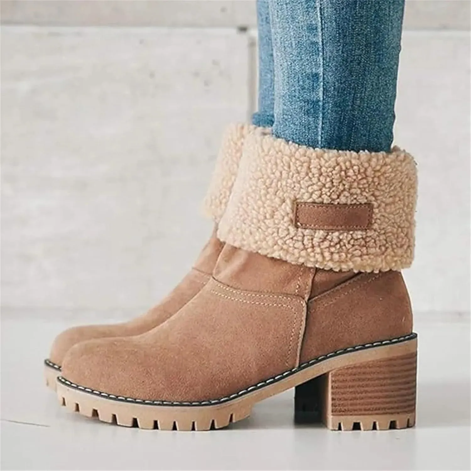 Winter Boots for Women Faux Fur Lined Slip On Mid Calf Chunky Heel Suede Ankle Boots Warm Comfy Snow Boots for Outdoor