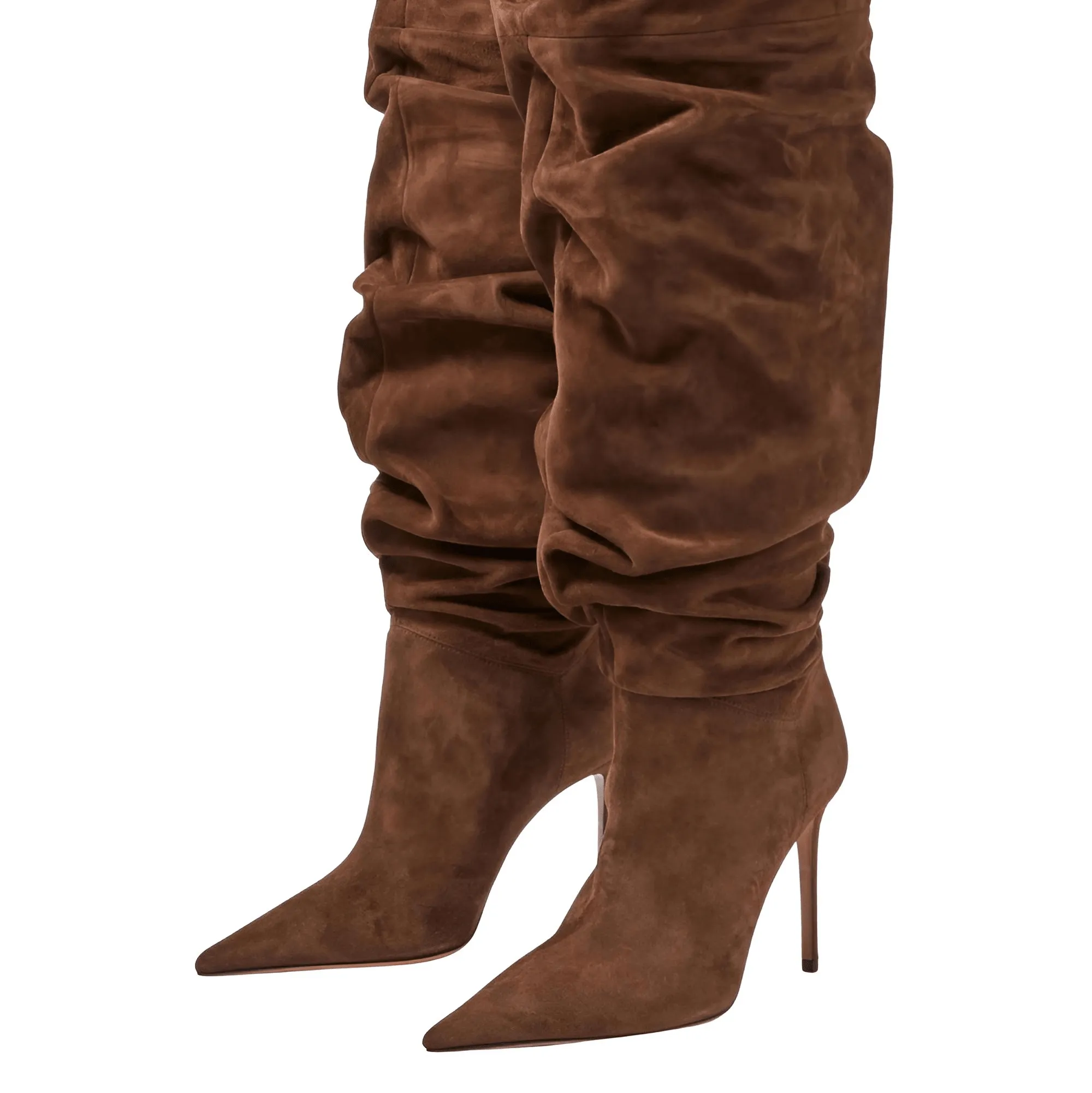 Woman's Brown Suede Stiletto Thigh High Boots Pointed Toe Slip-On Pleated Super High Heel Denim Boots