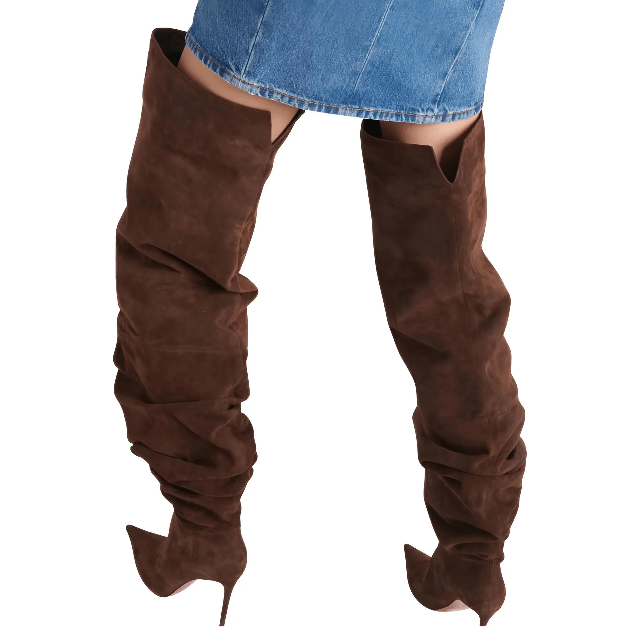 Woman's Brown Suede Stiletto Thigh High Boots Pointed Toe Slip-On Pleated Super High Heel Denim Boots