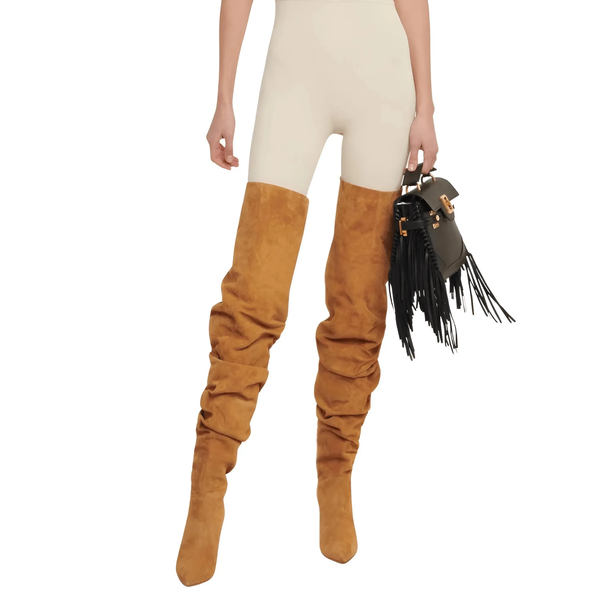 Woman's Brown Suede Stiletto Thigh High Boots Pointed Toe Slip-On Pleated Super High Heel Denim Boots