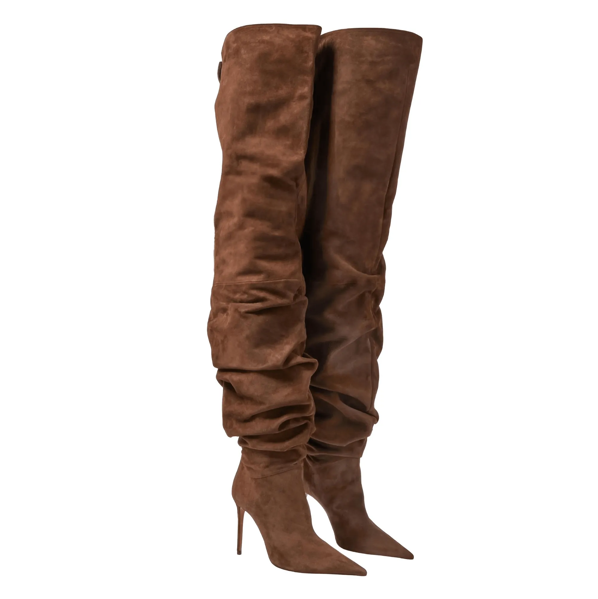 Woman's Brown Suede Stiletto Thigh High Boots Pointed Toe Slip-On Pleated Super High Heel Denim Boots